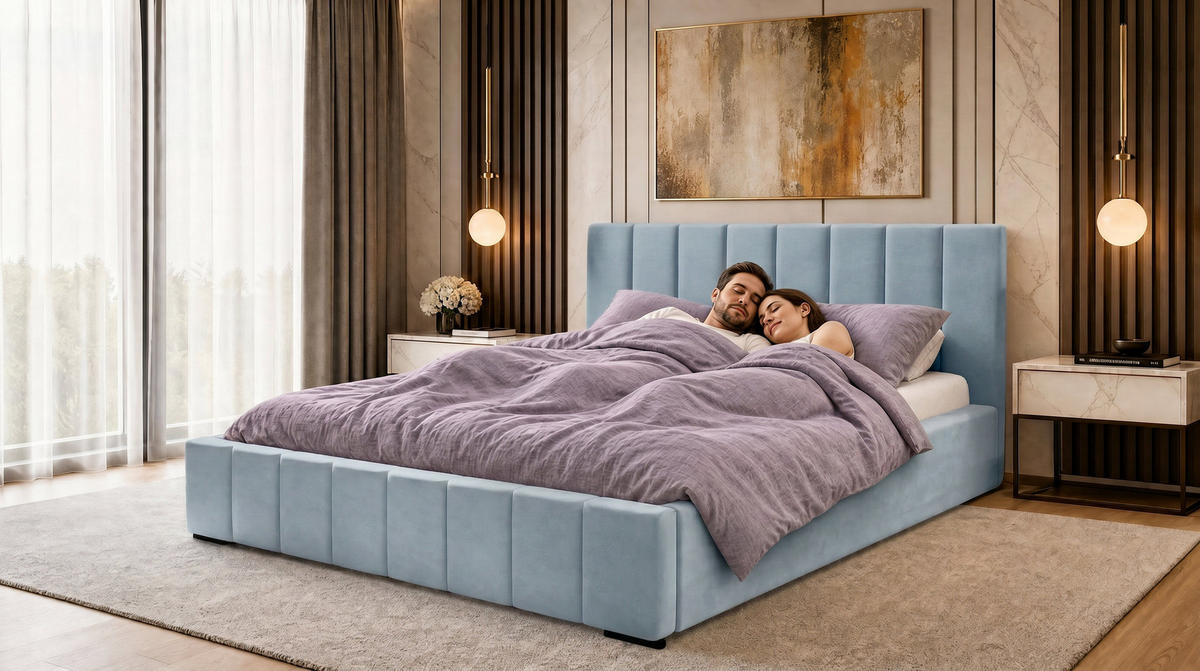 MARPUR Polsterbett NERO 180x200 cm mit Bettkasten und Lattenrost, Hellblau - Chromfarben/Hellblau, Holz/Holzwerkstoff (180/200cm) - Marpur