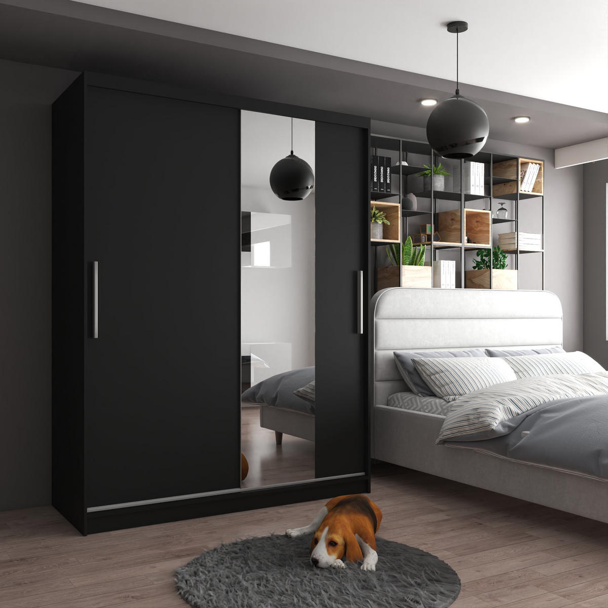 SCHWEBETÜRENSCHRANK Verona MSE, Schwarz Matt, 158 cm, mit Spiegel - Schwarz, Holz (158/216/60cm) - B BELINI GROUP