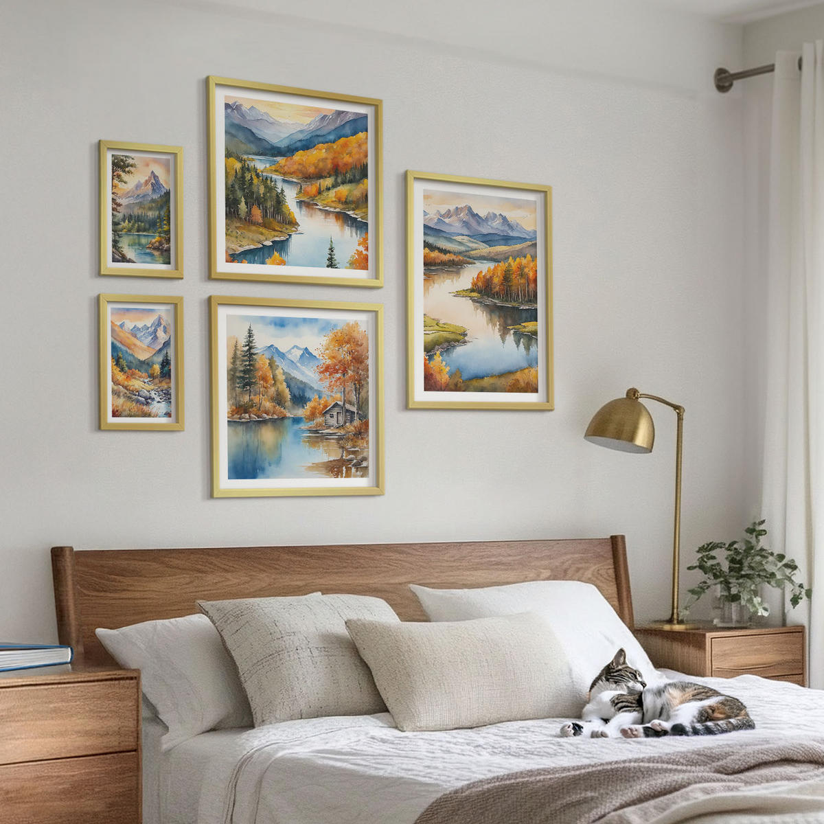 BILDER SET 5er Set - 50x50 cm & 20x30 cm & 40x60 cm Goldrahmen - Berglandschaft mit einem Fluss - Goldfarben, Kunststoff (40/60cm) - TULUP