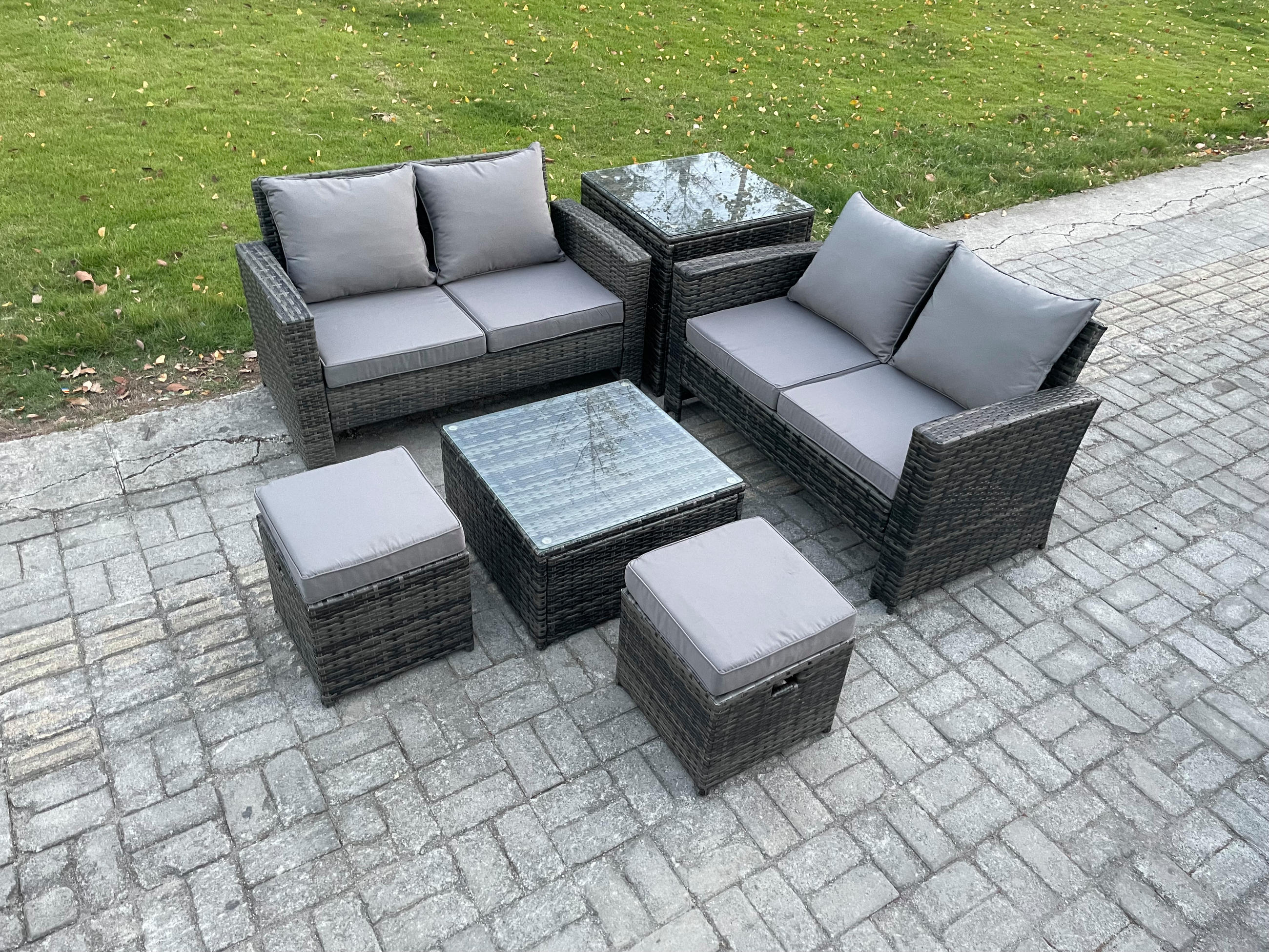 GARTENMÖBELSET mit 2 kleinen Hockern Polyrattan Dunkelgrau 7-Sitzer - Dunkelgrau, Metall - Fimous