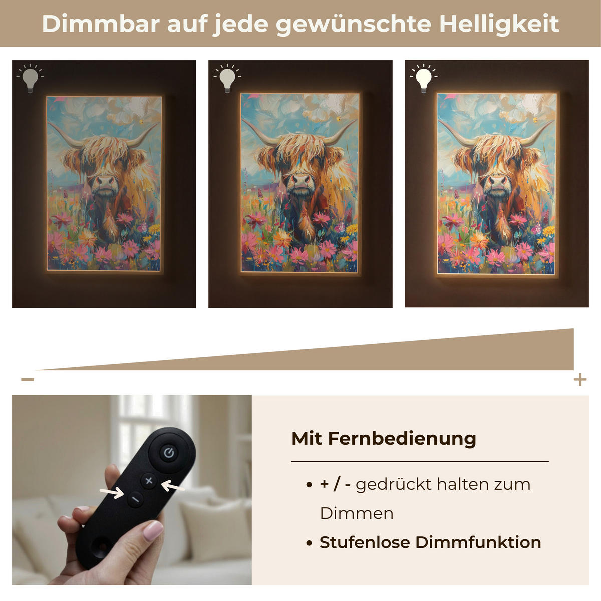 NÁSTĚNNÁ LAMPA S AKUMULÁTOREM Skotský horal - Příroda - Barevné - Květiny 60x90 cm - různobarevná, kompozitní dřevo (60/90/8cm) - OnlyWow