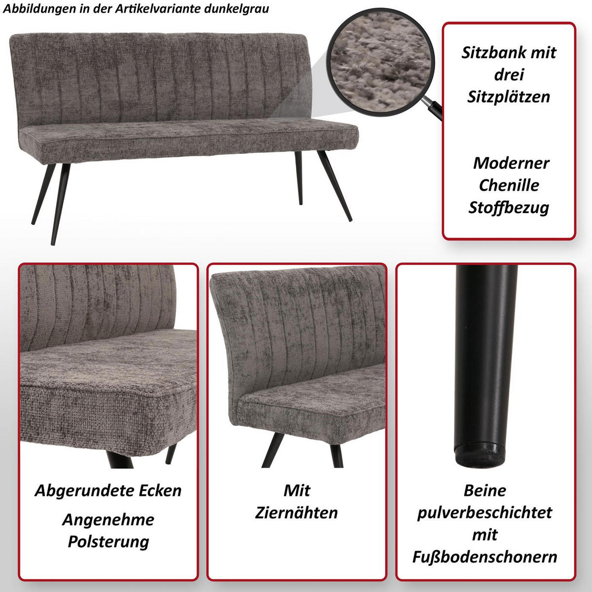 SITZBANK Grau - Dunkelgrau/Grau, Textil (160/90/60cm) - MCW