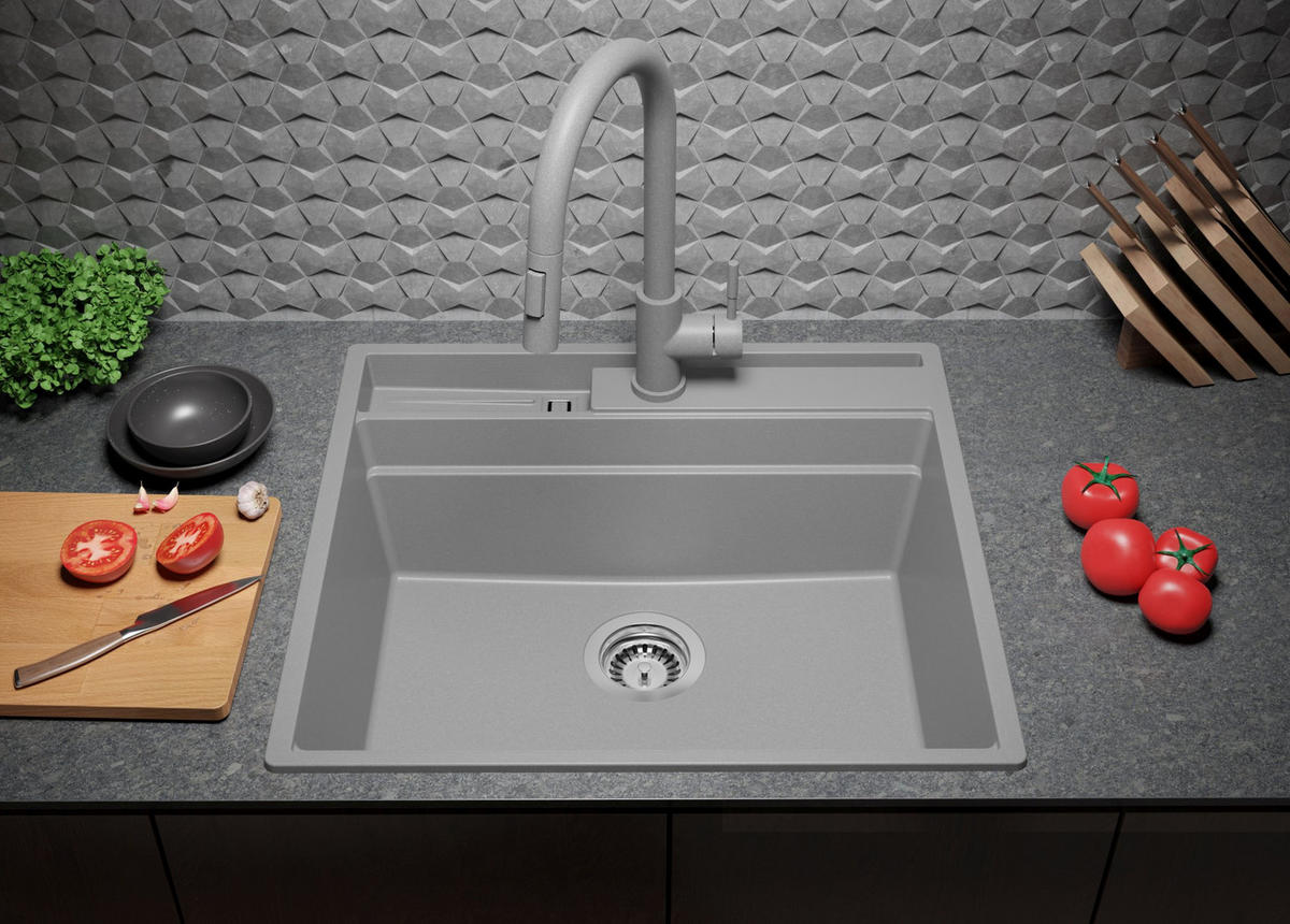 GRANITSPÜLE Oslo Pocket, 2-er set Grau 58/53 cm 1 Becken + Küchenarmatur 38/14 cm + Ablauf-Set + Küchenzubehörset ab 60er Unterschrank - Chromfarben/Beige, Kunststoff (58/20/53cm) - Primagran