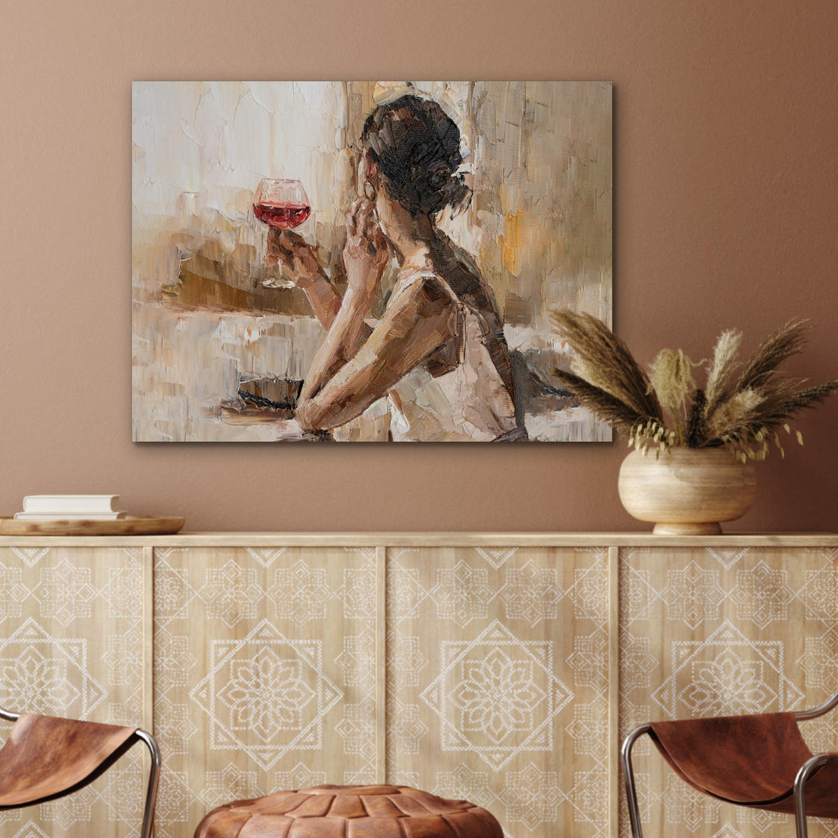 KOVOVÝ OBRAZ Olejomaľba - Žena - Víno 80x60 cm - svetlohnedá, kov (80/60cm) - MuchoWow
