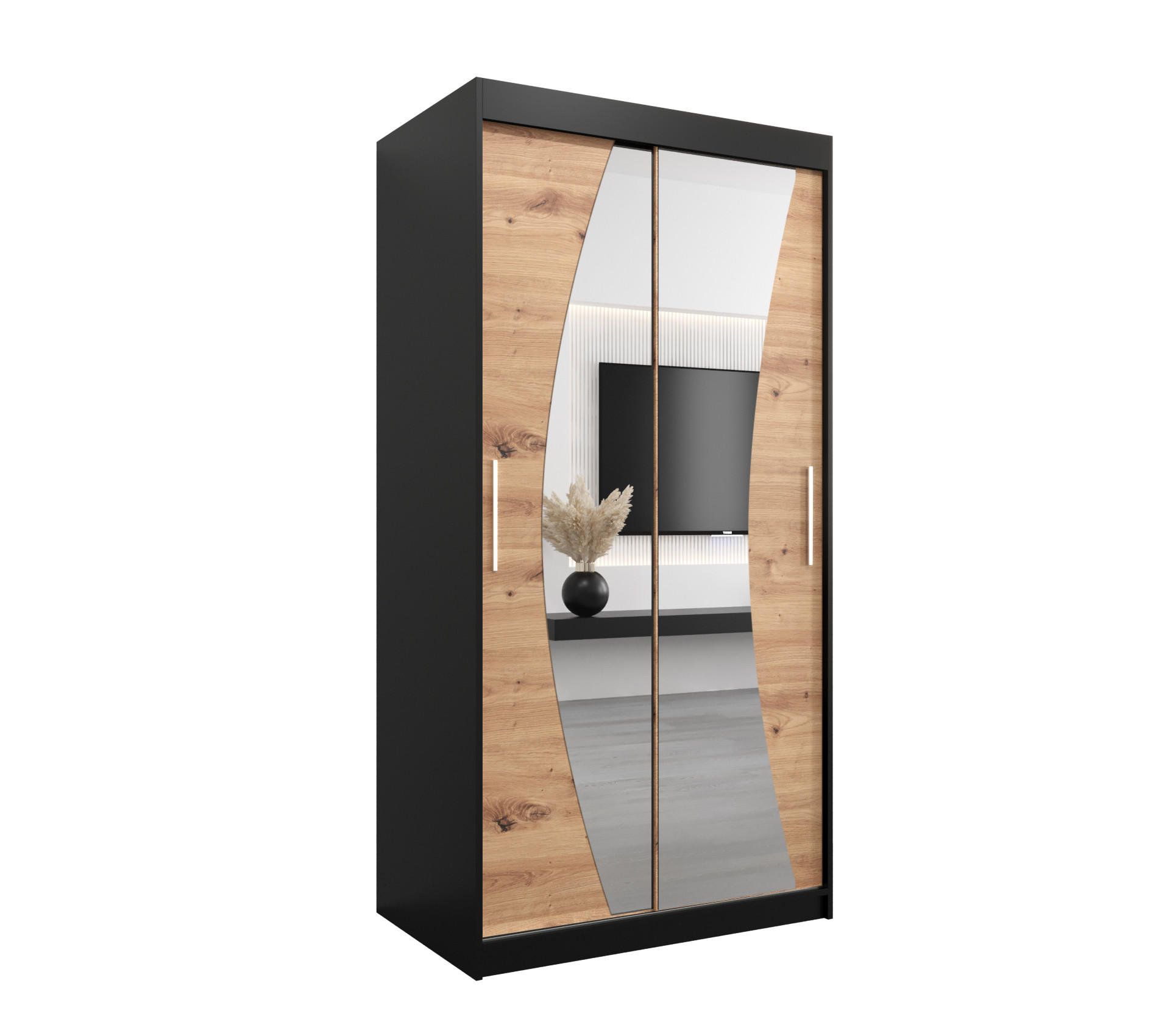 Abiks Möbel Schwebetürenschrank Schwarz, Eiche Artisan 100x200x62 cm