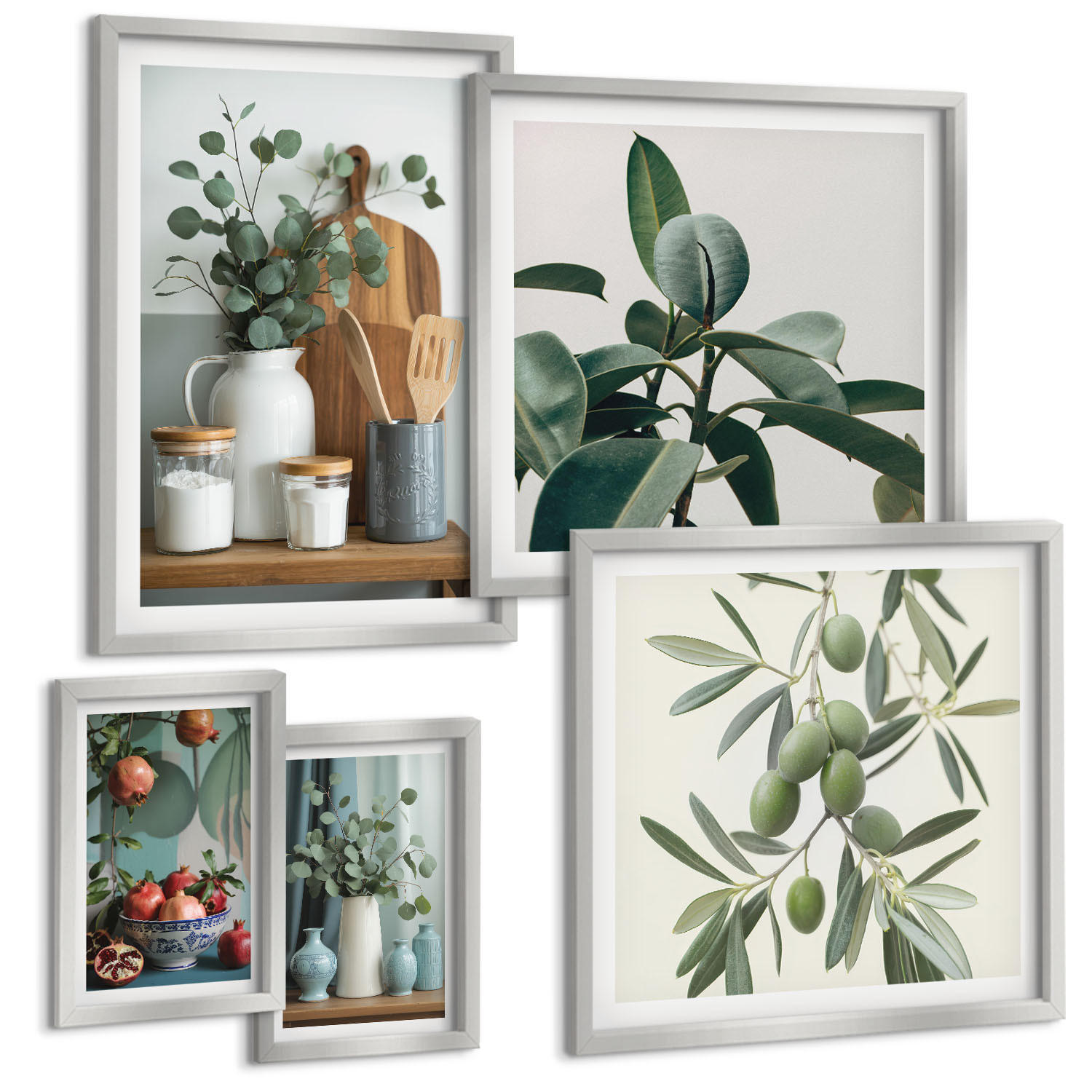 BILDER SET 5er Set - 50x50 cm & 20x30 cm & 40x60 cm Silberner Rahmen - Inspiration Schrei Schädel Eule - Silberfarben, Kunststoff (40/60cm) - TULUP