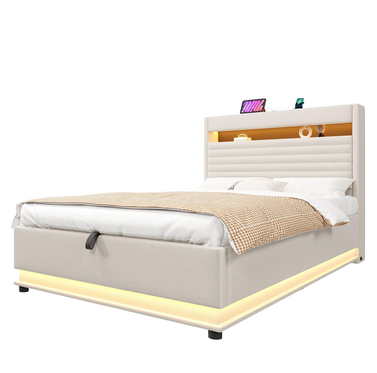 POLSTERBETT 90/200 cm mit LED-Beleuchtung, USB- und Typ-C-Anschluss, hydraulischem Stauraum aus Leinen, Beige - Beige, Textil (90/200cm) - Redom