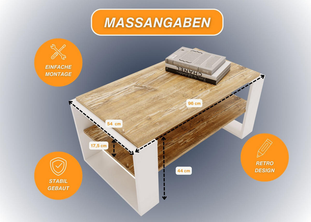 COUCHTISCH Holzwerkstoff rechteckig stabil Kiefer Milford 42/54/96cm - Kiefer Milford/Weiß, Holzwerkstoff (53.8/96/42cm) - CraftPAK