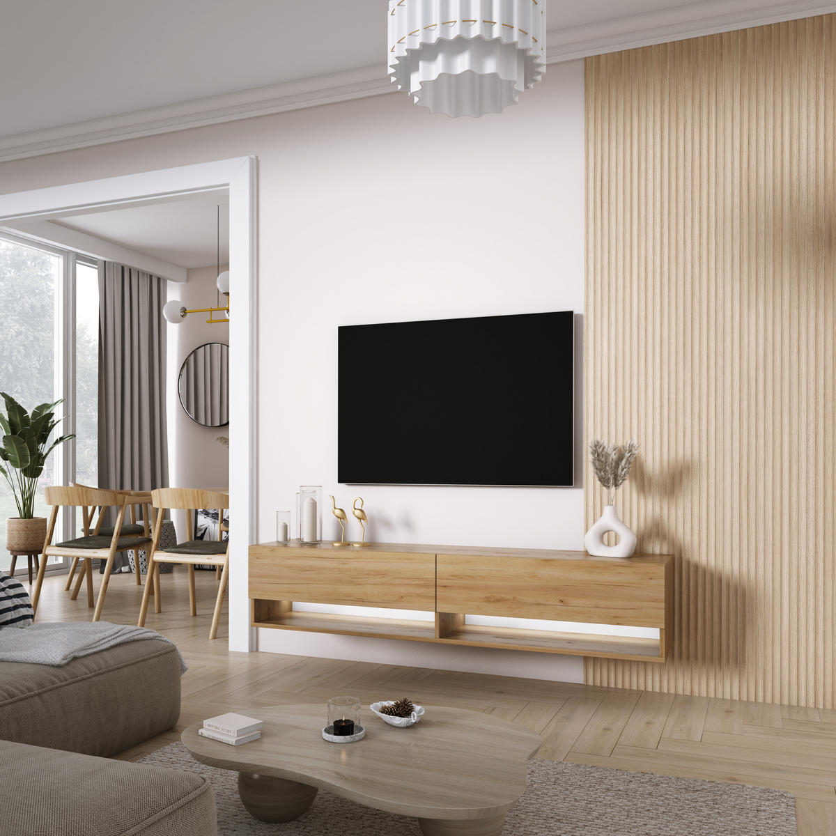 TV-LOWBOARD 170 cm Eiche Craft, weiße LED, 170 × 32 × 34 cm - Braun, Holzwerkstoff (170/33.6/32cm) - 3XE LIVING
