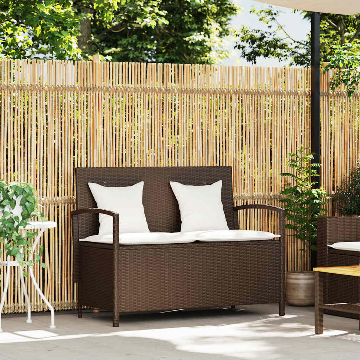 GARTENBANK mit Stauraum und Crème Kissen, 111/56/87 cm, aus PE-Rattan und Stahl, Braun - Braun, Kunststoff (56/87/111cm) - vidaXL