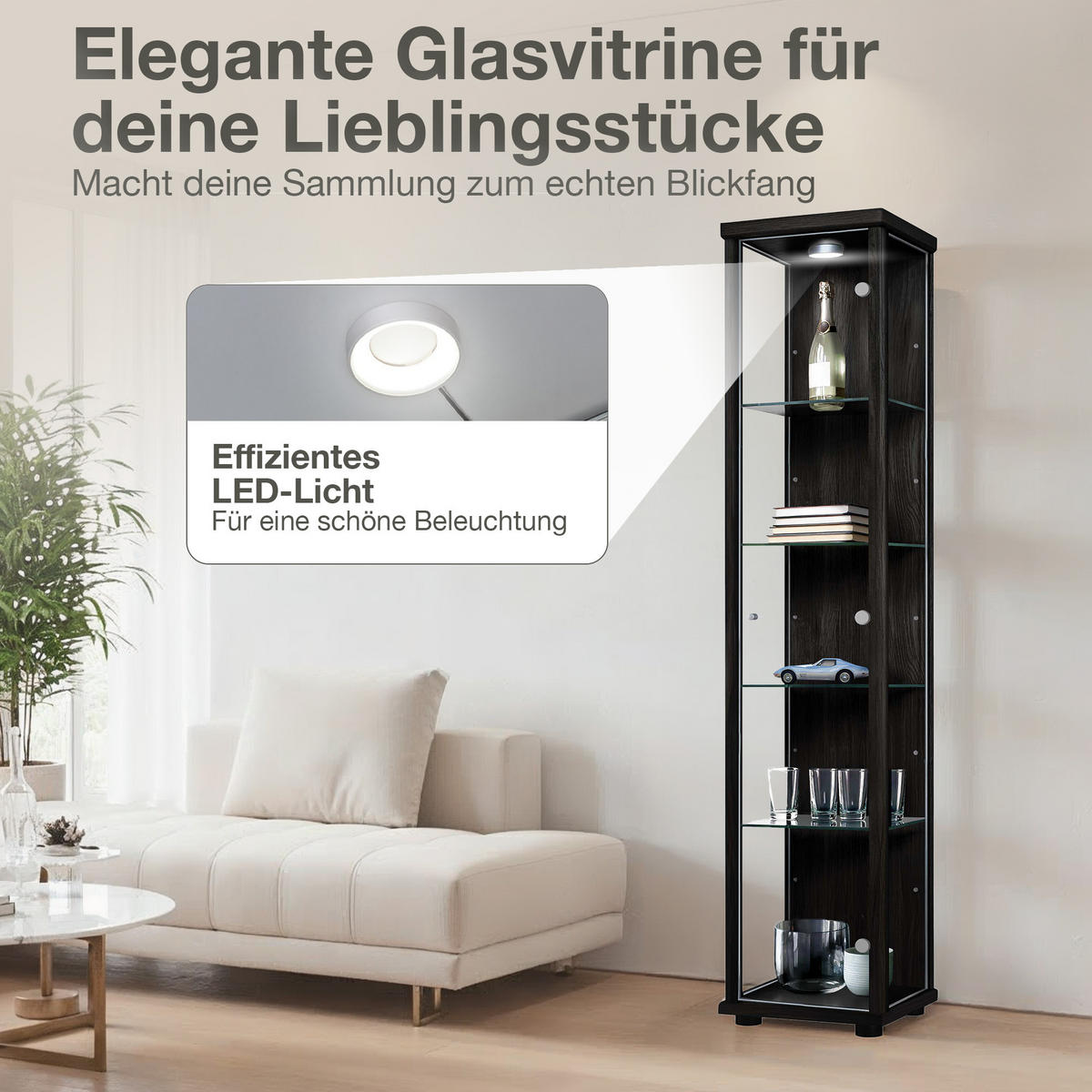 GLASVITRINE 33/37/176 cm mit LED & 4 höhenverstellbaren Glasböden - Transparent/Silberfarben, Glas/Holzwerkstoff (37/176/33cm) - K-Möbel