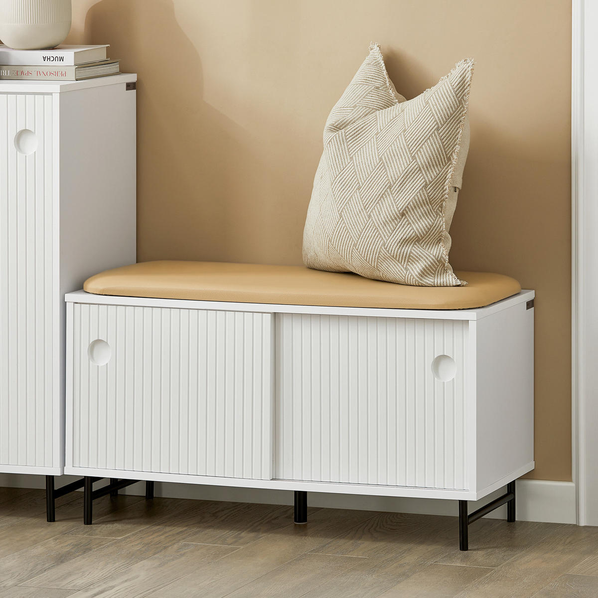 SCHUHBANK Weiß - Weiß, Leder/Holzwerkstoff (85/49/37cm) - SoBuy