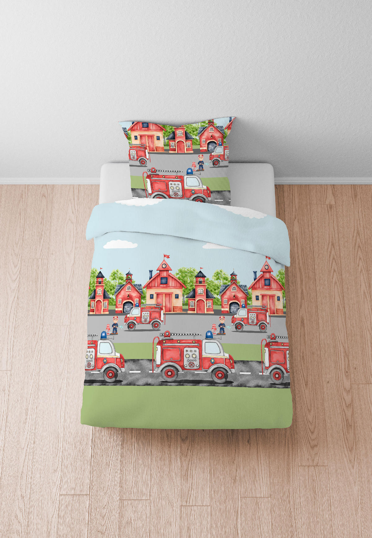 BETTWÄSCHE-GARNITUR Biber Feuerwehr pistaziengrün, 135x200 cm + 80x80 cm - Hellgrün, Textil (135/200cm) - biberna