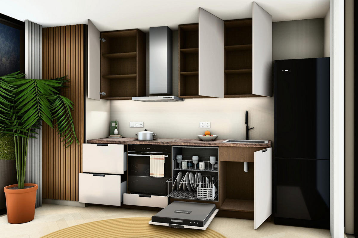 KÜCHENZEILE Sorento Beige & Dunkle Eiche – 240 cm – KÜ-SORENTOB-001 - Beige, Holzwerkstoff (240/247/52cm) - ROYAL24_MARKT