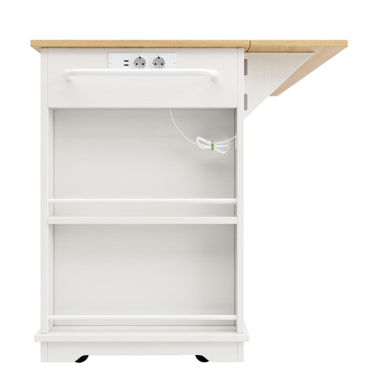 KÜCHENINSEL Weiß 151,5/59,7/91,7 cm Klappbar fahrbar mit Steckdosenleiste - Weiß, Holzwerkstoff (151.5/91.7/59.7cm) - PANGIVO