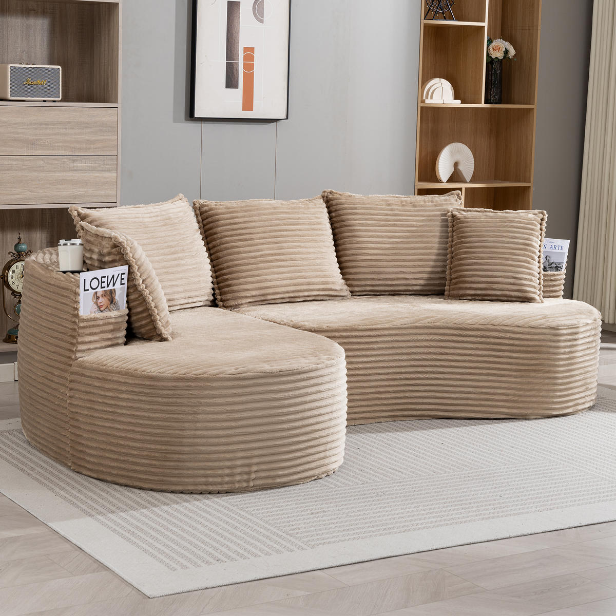 ECKSOFA 250/152/82 cm Khaki mit Becherhalter und Stautasche - Sandfarben, Textil (250/152cm) - Oxeza