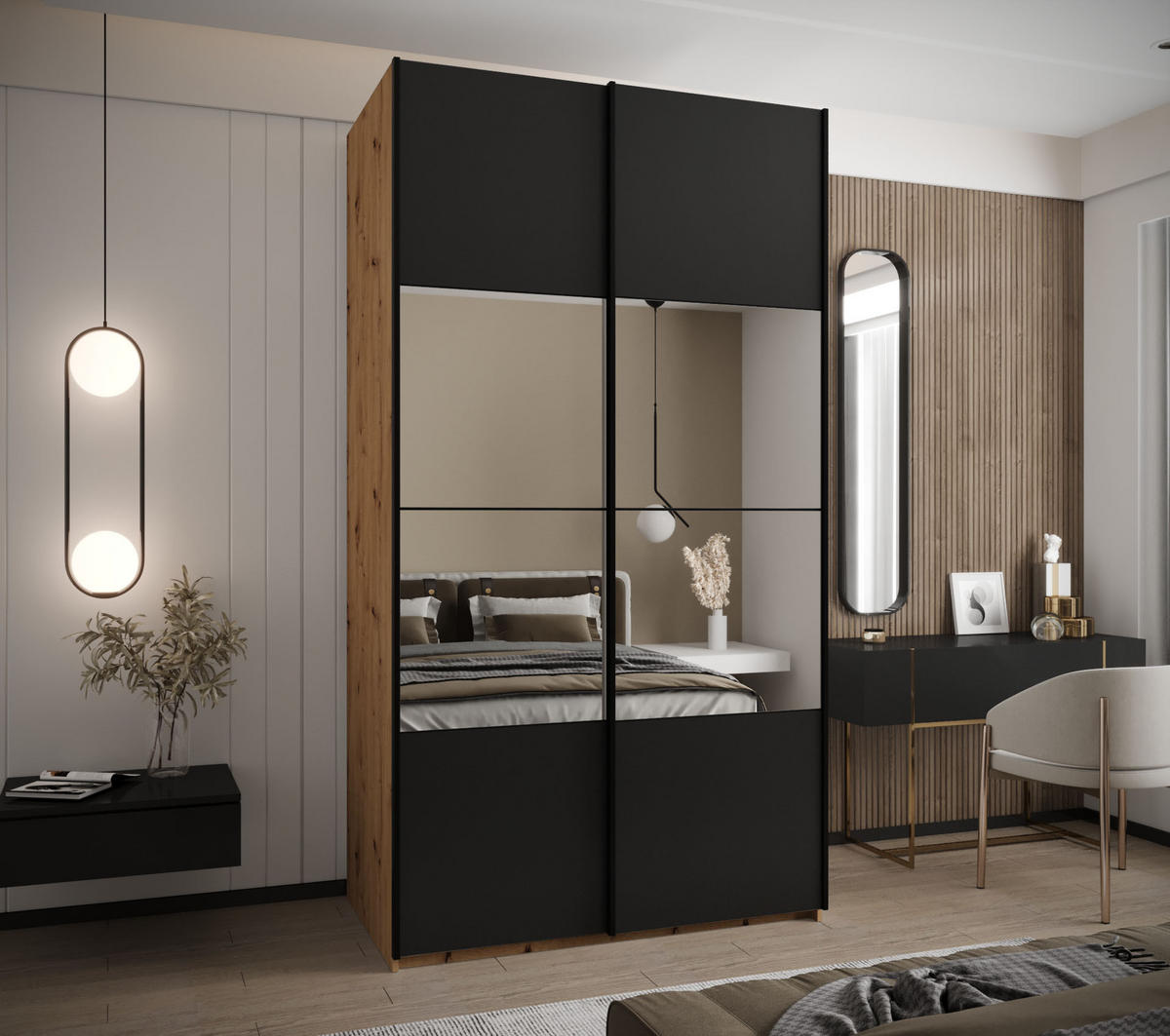 SCHWEBETÜRENSCHRANK 245,5/140/64 2-türig - Schwarz/Eiche Artisan, Holz/Metall (140/245/64cm) - Abiks Möbel
