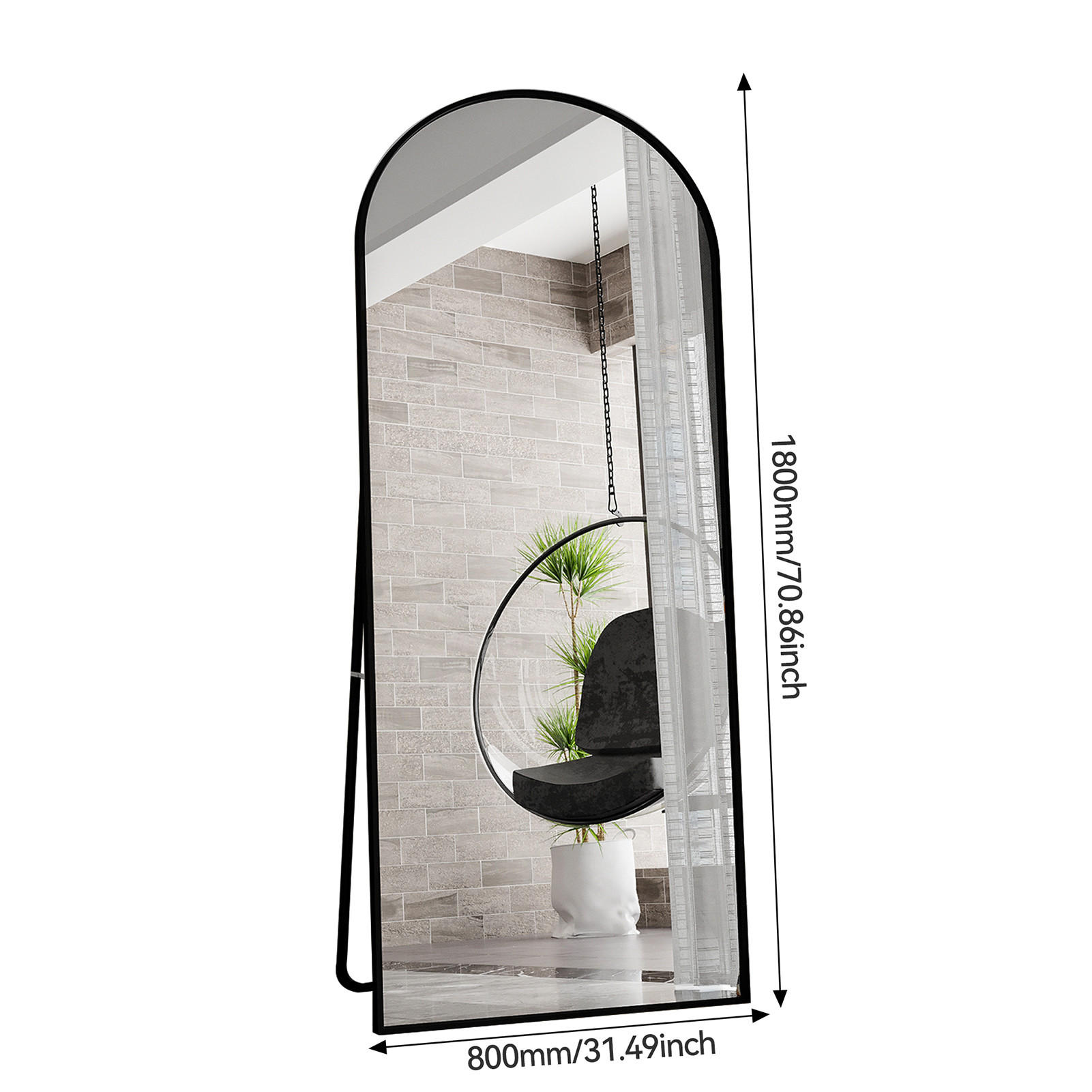STANDSPIEGEL 1800 x 800 mm, gewölbter, geeignet für die Wandmontage oder als freistehendes Modell, schwarz - Schwarz, Glas/Metall (80/180/3cm) - WoodenAura