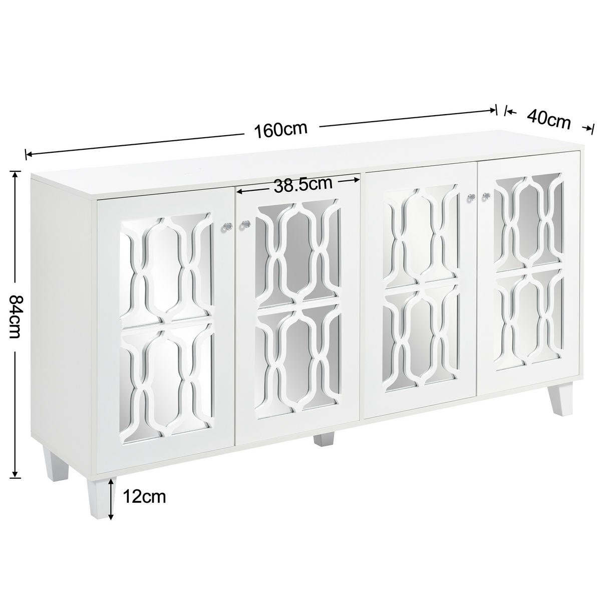 SKŘÍŇ na nádobí z MDF, 160/40/84 cm bílá se zrcadlovým povrchem a 4 dvířky - bílá, kompozitní dřevo (160/84/40cm) - BEAOK