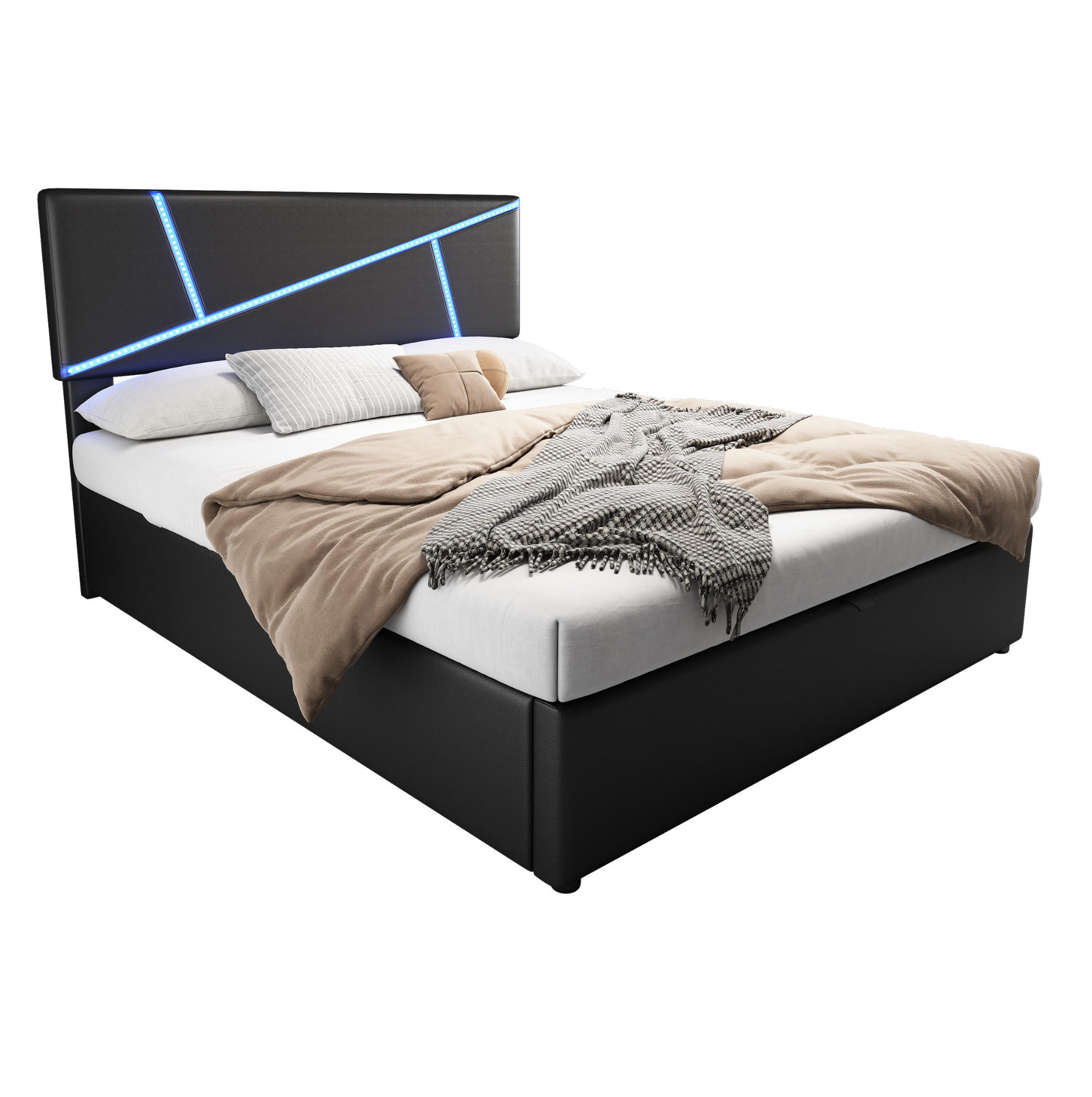POLSTERBETT 90/200 cm Schwarz mit LED-Beleuchtung und hydraulischem Bettkasten aus PU - Schwarz, Kunststoff (90/200cm) - OKWISH