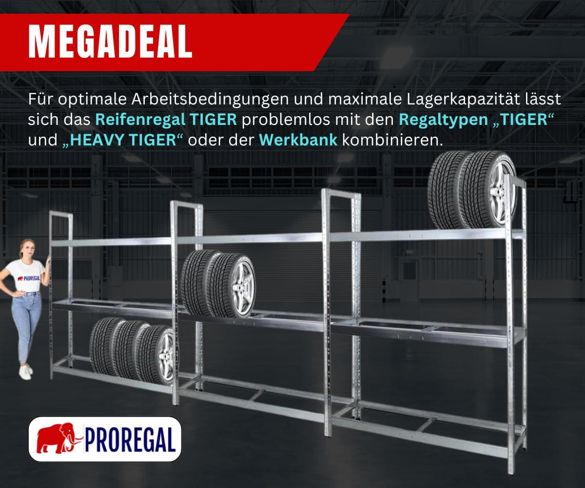 REIFENREGAL Tiger XL 200x180x45 cm 300 kg Fachlast bis zu 21 Reifen auf 3 Ebenen Verzinkt - Silberfarben, Metall (180/200/45cm) - PROREGAL