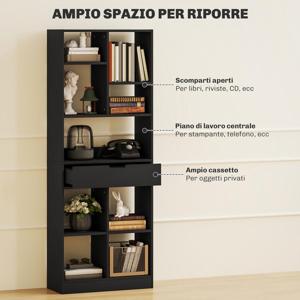 BÜCHERREGAL,MITTIGE Schublade Kippsicherung 60x26x158cm,schwarz - Schwarz, Holzwerkstoff (60/158/26cm) - Vallsero