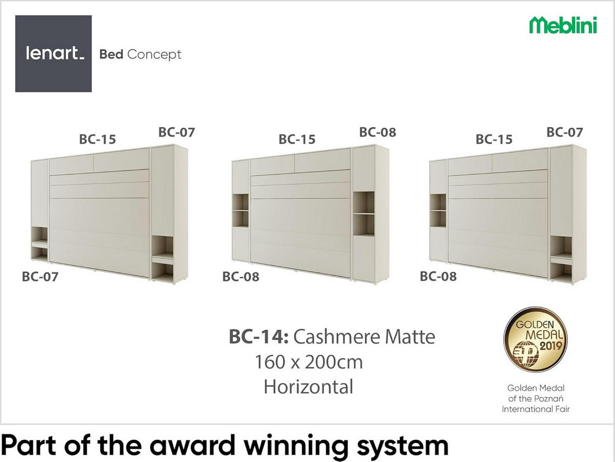 SCHRANKBETT BC-14 - 160x200cm Horizontal - Kaschmir mit Matratze - Kaschmir, Holzwerkstoff (200/160cm) - Meblini