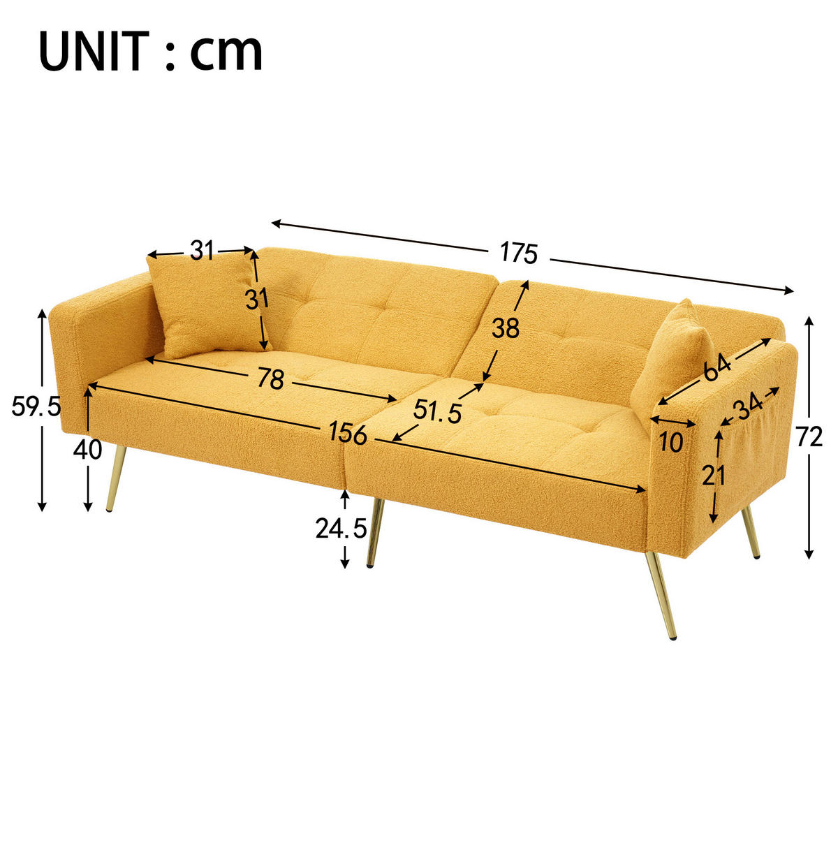 SCHLAFSOFA Lammwollstoff mit verstellbarer Rückenlehne 105–180 Grad Gelb 175/64/72 cm - Gelb, Textil (64/72/175cm) - Redom