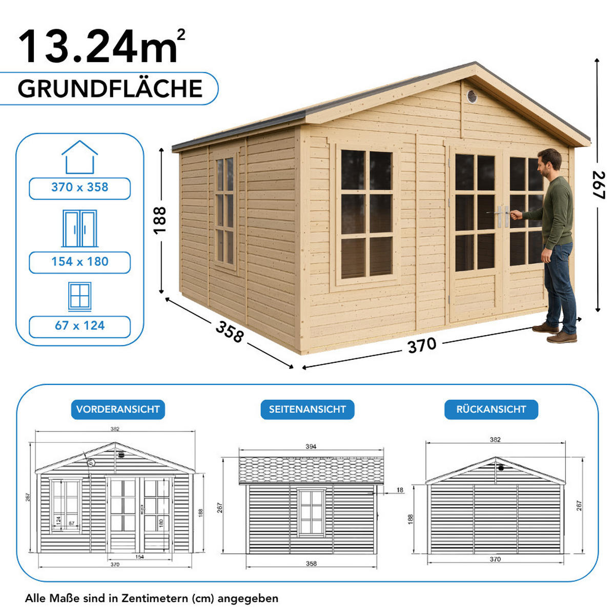 GARTENHAUS HOLZ M735A 370 x 360 cm - Naturfarben, Holz (382/267/394cm) - Timbela