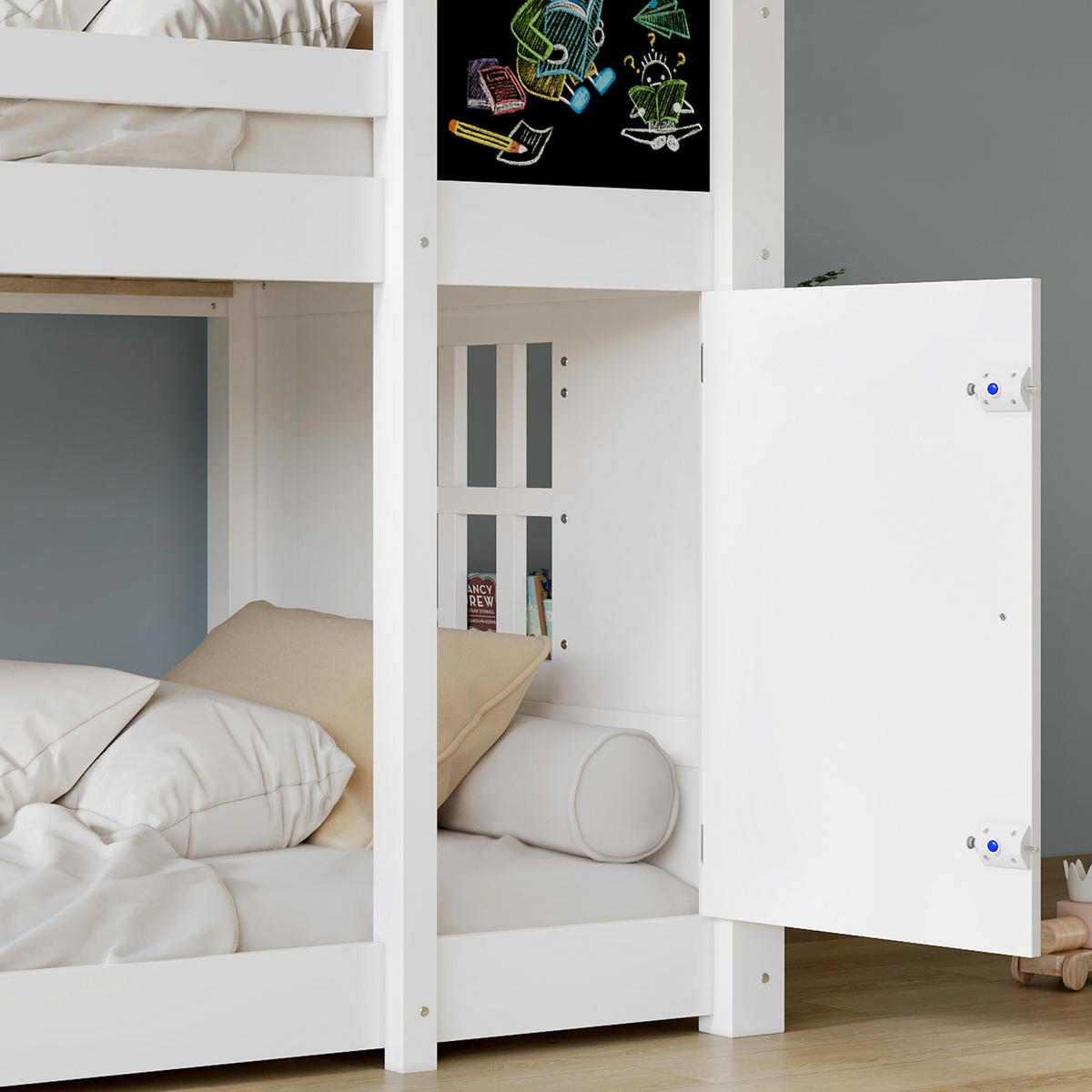 ETAGENBETT 90/200 cm Weiß mit Tafel und Dach für Kinder - Weiß, Holzwerkstoff (90/200cm) - OKWISH