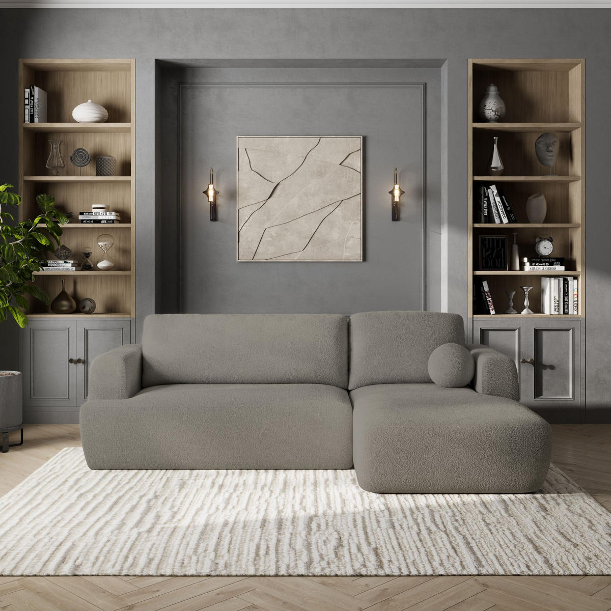 ROHOVÁ SEDAČKA SENTI světle šedá - černá/světle šedá, dřevo/textil (246/148cm) - MASSENO