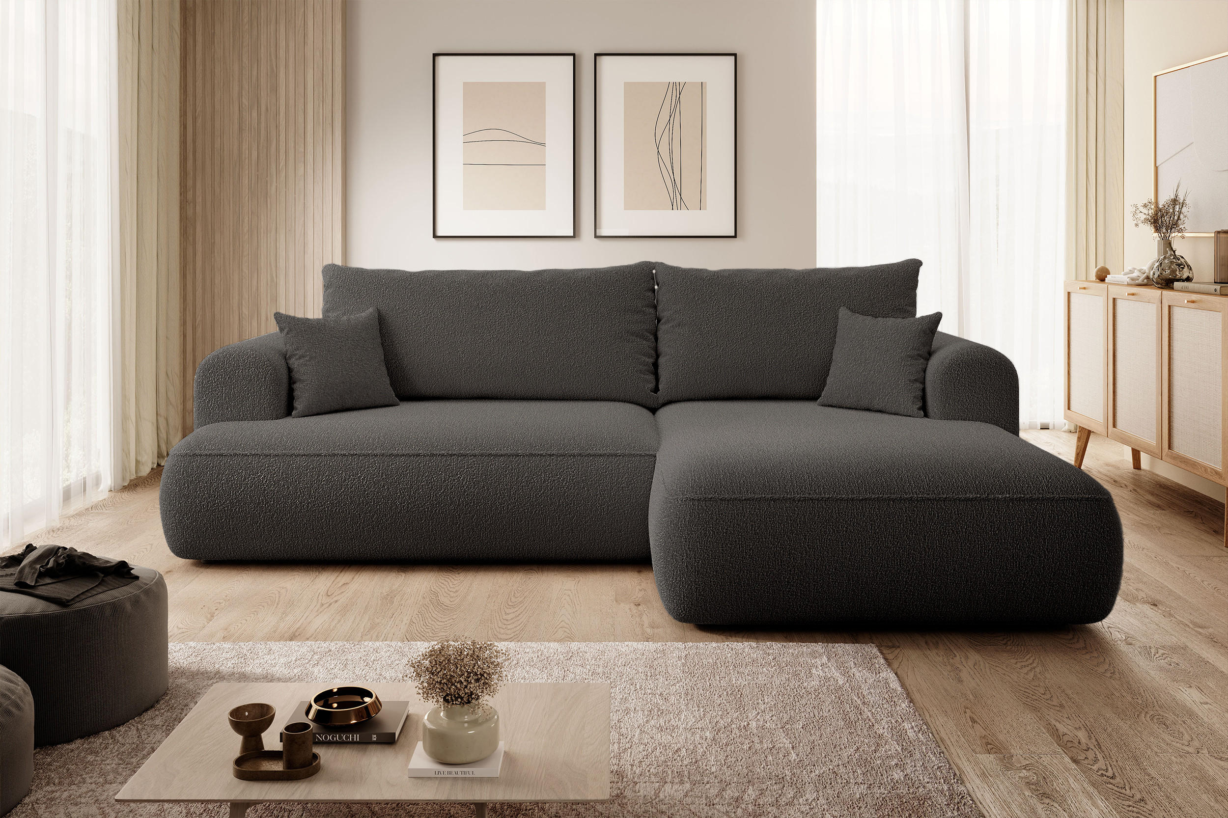 ECKSOFA Ovo Dunkelgrau Boucle - Dunkelgrau/Schwarz, Kunststoff/Textil (260/165cm) - Selsey