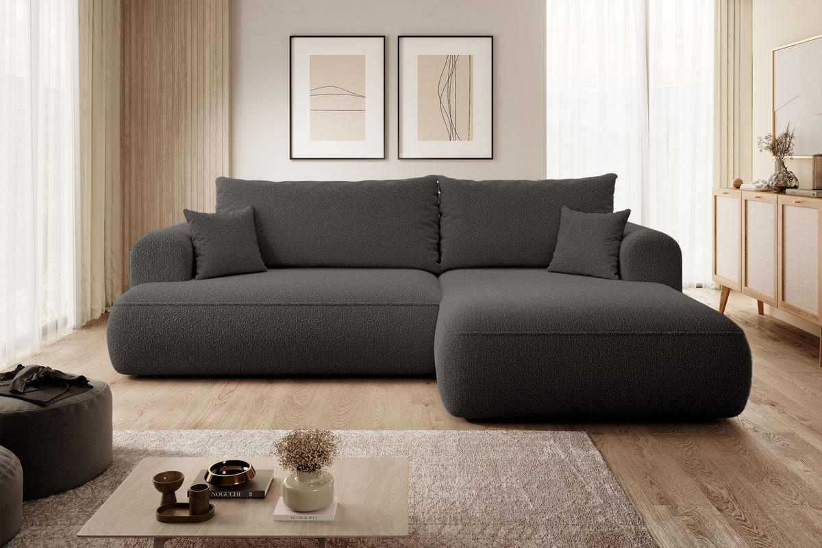 ECKSOFA Ovo Dunkelgrau Boucle - Dunkelgrau/Schwarz, Kunststoff/Textil (260/165cm) - Selsey