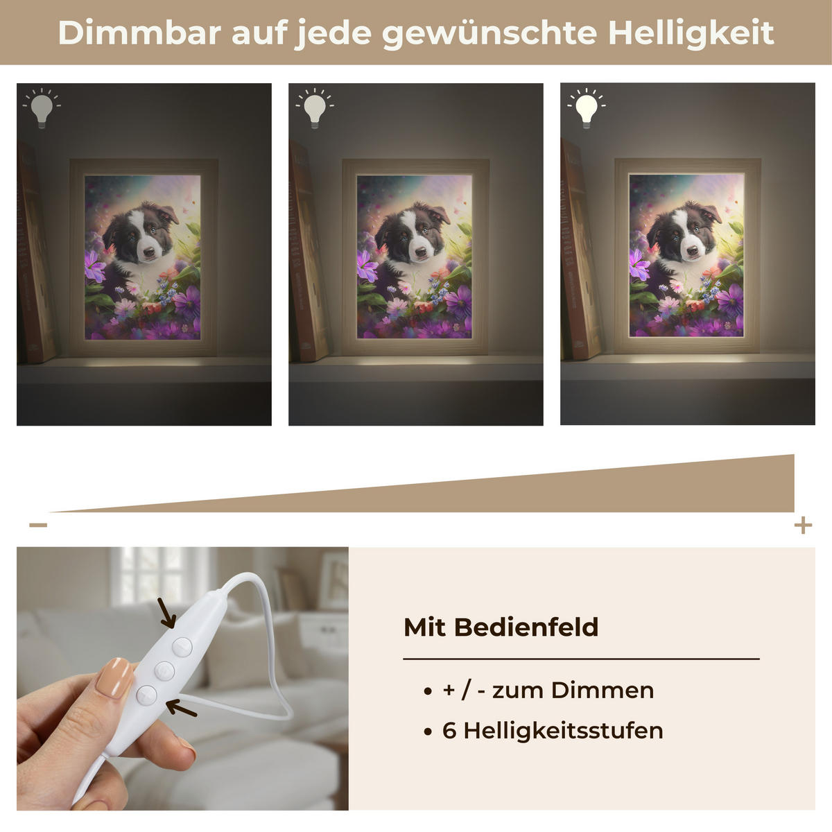 NÁSTĚNNÁ LAMPA Štěně - Slunce - Květiny - Příroda - Border kolie - Pes 15x20 cm - fialová, kompozitní dřevo (15/20/8cm) - OnlyWow