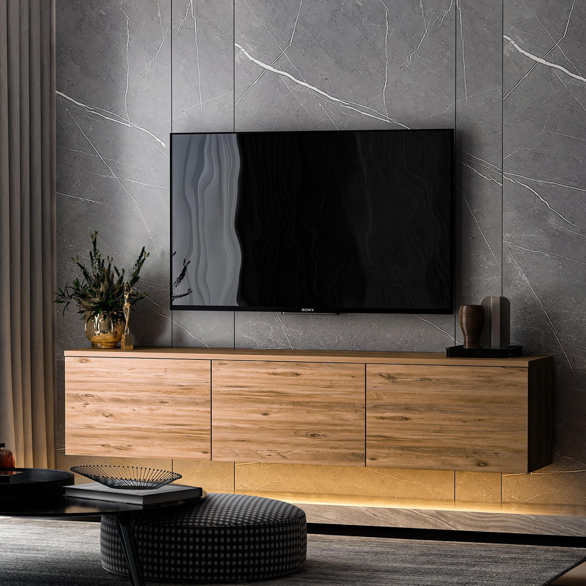 TV-MÖBEL Neon Illuminated Hängend Braun - Braun, Holz (160/35/32cm) - Habitat Garten