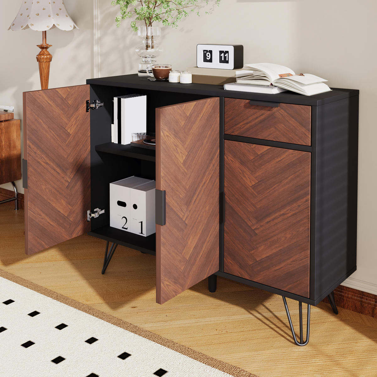 SIDEBOARD mit Schublade und höhenverstellbaren Einlegeböden, 90/30/71,5 cm, Schwarz und Holzoptik - Naturfarben, Holzwerkstoff (90/71.5/30cm) - Redom