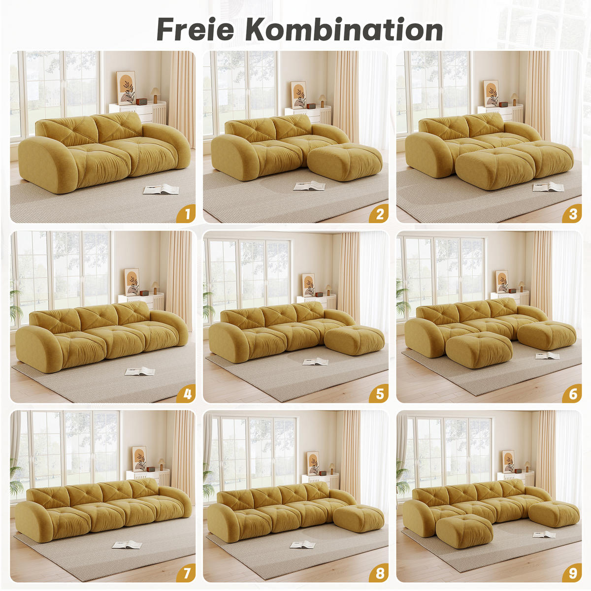 2-SITZER SOFA Chenille Gelb mit 2 Hockern - Gelb, Textil (204/76/171cm) - WISHDOR