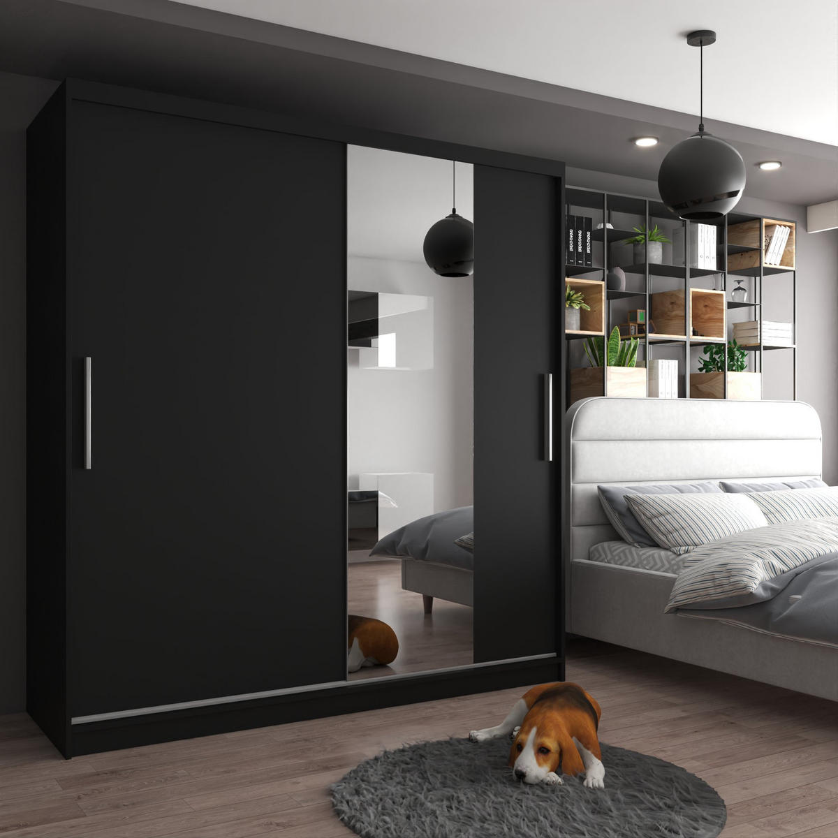 SCHWEBETÜRENSCHRANK Verona MSE, Schwarz Matt, 200 cm, mit Spiegel - Schwarz, Holz (200/216/60cm) - B BELINI GROUP