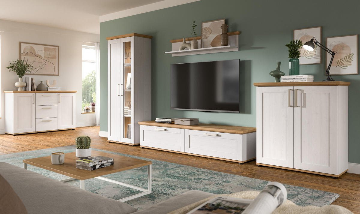 SIDEBOARD weiß Lärche, Eiche Artisan 129 cm, Kommode im Landhaus-Stil - Silberfarben/Schwarz, Holzwerkstoff/Kunststoff (129/80/40cm) - Inn.Furn