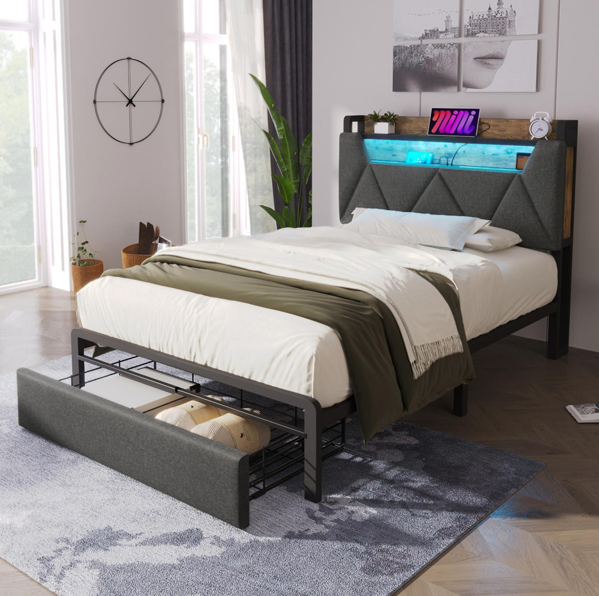 POLSTERBETT aus Leinen 90x200 cm Grau mit Stauraum-Kopfteil, LED, USB-Anschlüssen und Schublade - Grau, Textil (90/200cm) - IVMEU