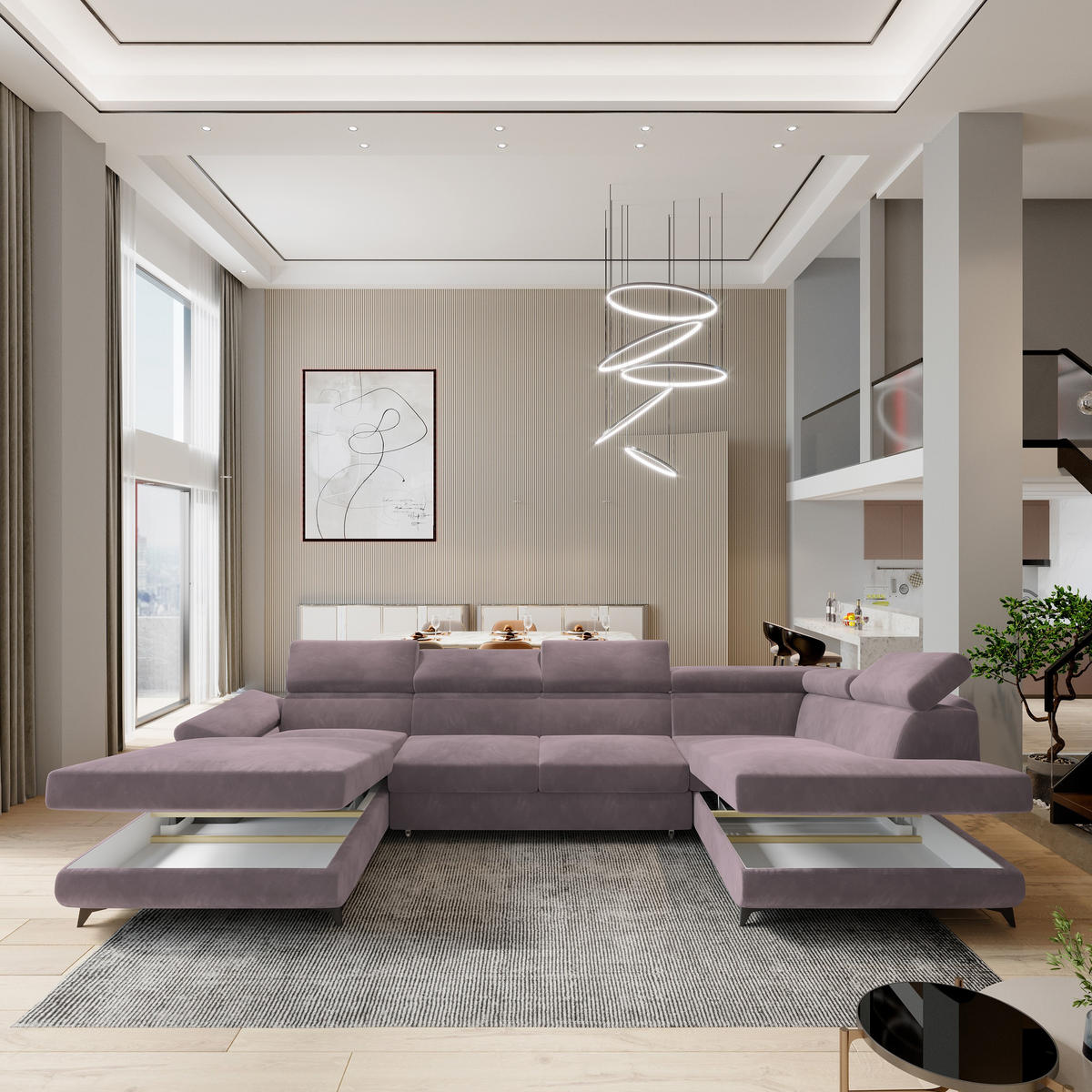 WOHNLANDSCHAFT RUBANO R-S Lila Velours-Stoff mit Schlaffunktion - Lila, Holz (339/89/190cm) - MASSENO