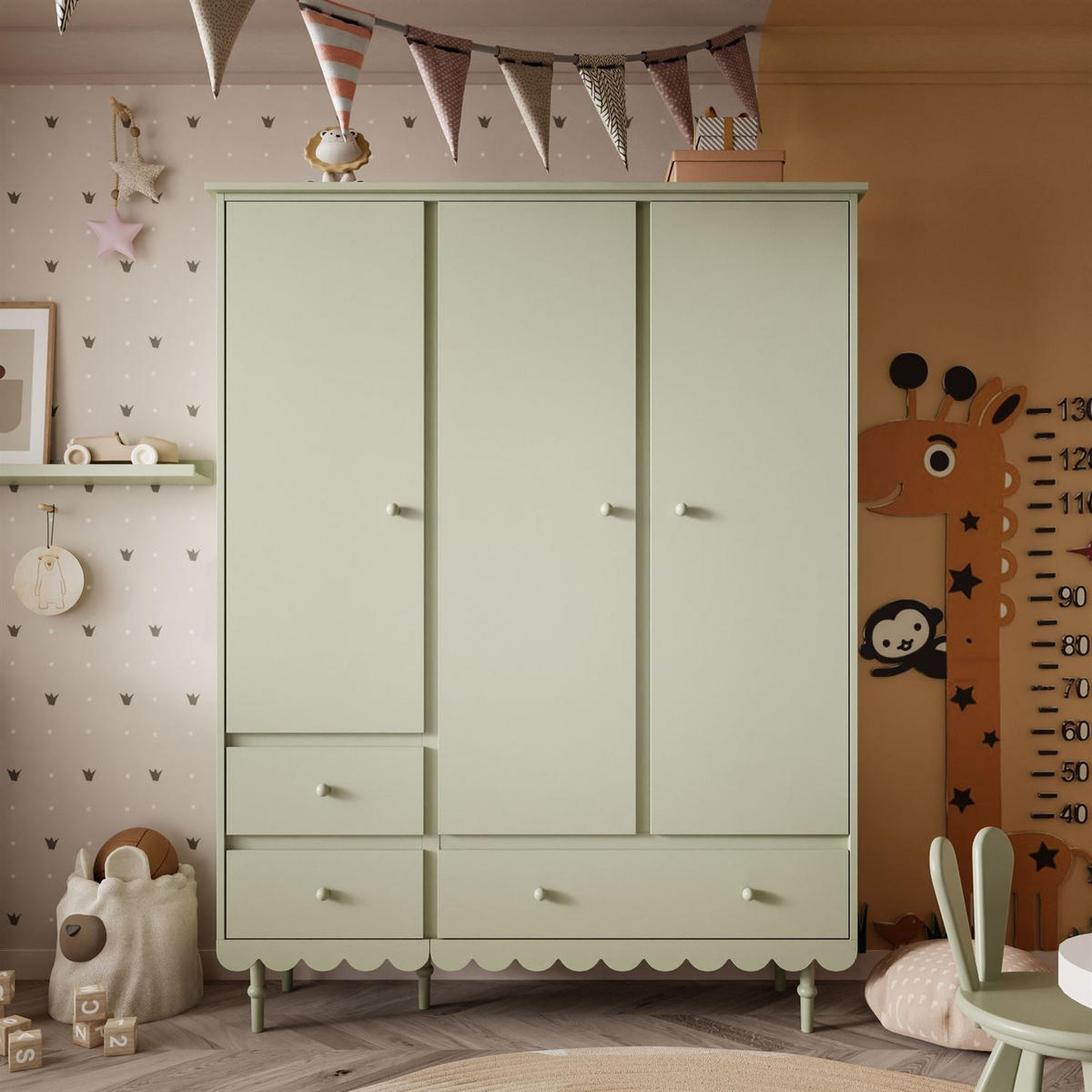 KINDERKLEIDERSCHRANK BABUSHKA – Dreitürig, Olivgrün - Olivgrün, Holzwerkstoff (154/203/50cm)