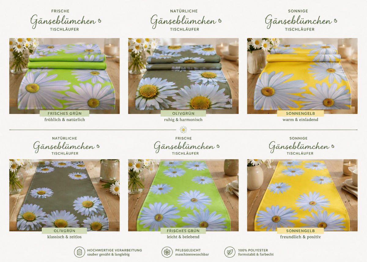 TISCHLÄUFER 40x85 cm Oliv Tischdecke modern Gänseblümchen Frühling Sommer Garten - Olivgrün, Textil (40/85cm) - TiborTex