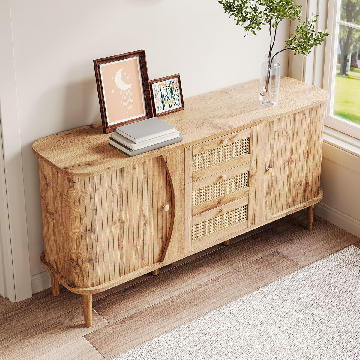 SIDEBOARD Rattan Schiebetüren verstellbare Böden modern - Naturfarben, Holzwerkstoff (40/76/140.5cm) - FLIEKS
