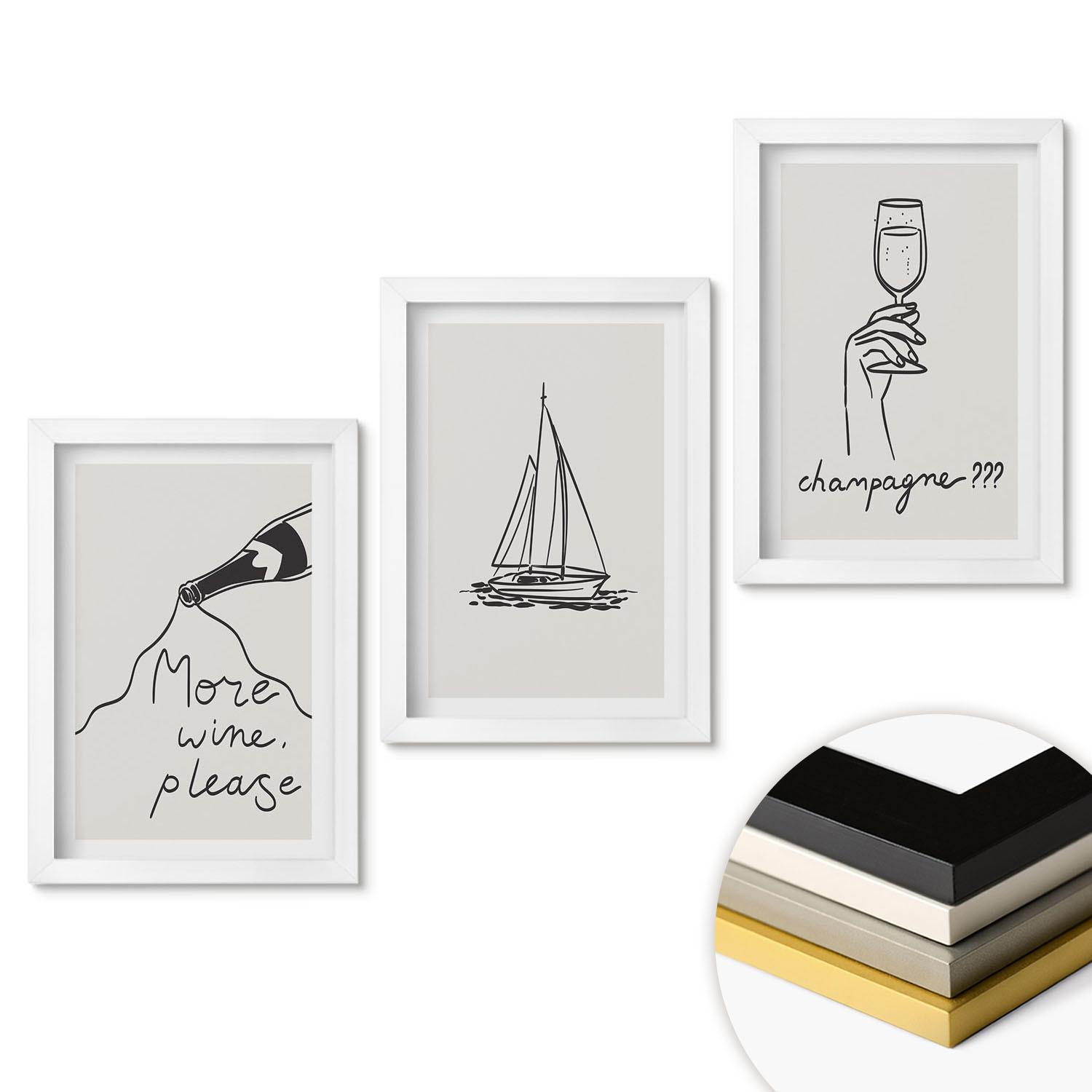 WANDBILDER 3er-Set - 20x30 cm Weißer Rahmen - Weinsegelboot-Glas-Linienzeichnung - Weiß, Kunststoff (20/30cm) - ArtPrintCave