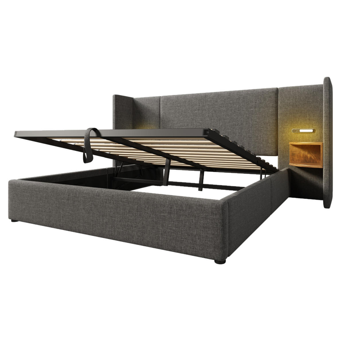 POLSTERBETT 160/200 cm mit hydraulischem Bettkasten, LED-Leselampe & USB/Type-C, Grau - Grau, Textil (160/200cm) - Redom