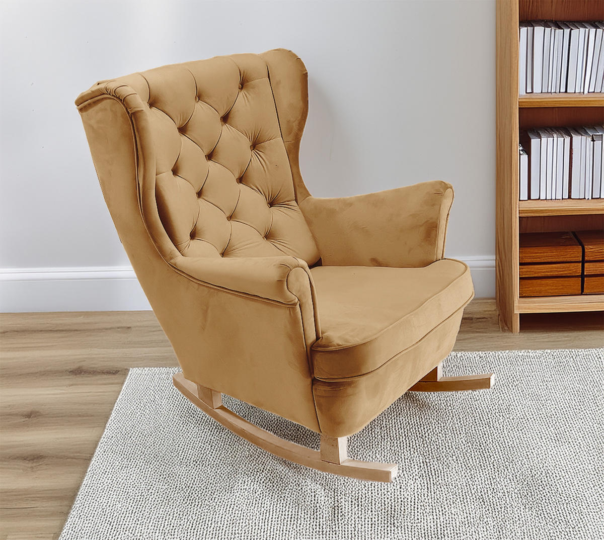 SCHAUKELSESSEL mit gepolstertem Sitz und Armlehnen, 102x81x95 cm, Beige_29805 - Currygelb/Buchefarben, Holz/Textil (81/102/95cm) - DomoHome