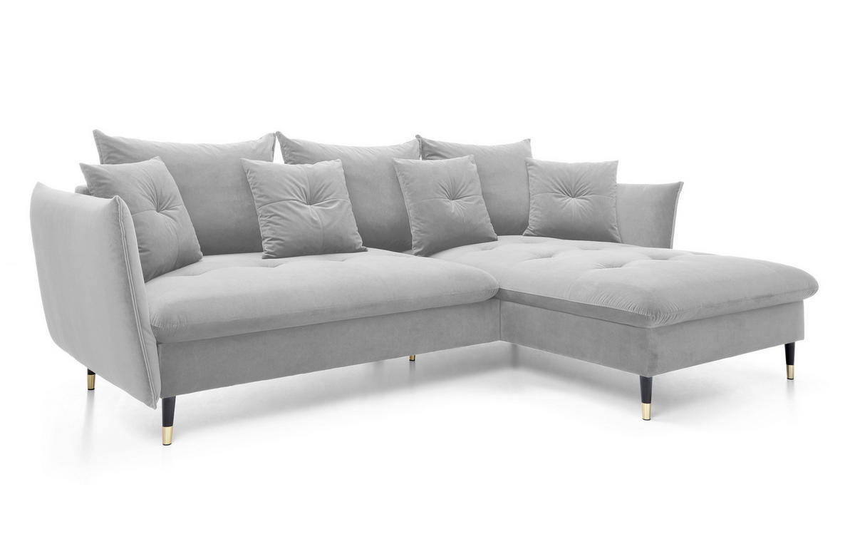 ECKSOFA GLAM mit Schlaffunktion, Ottomane & goldenen Füßen – Samtsofa im Glamour-Stil mit Zierkissen, 258x167x91 cm, rechte, hellgrau​ - Hellgrau, Holz/Textil (258/167cm) - DomoHome