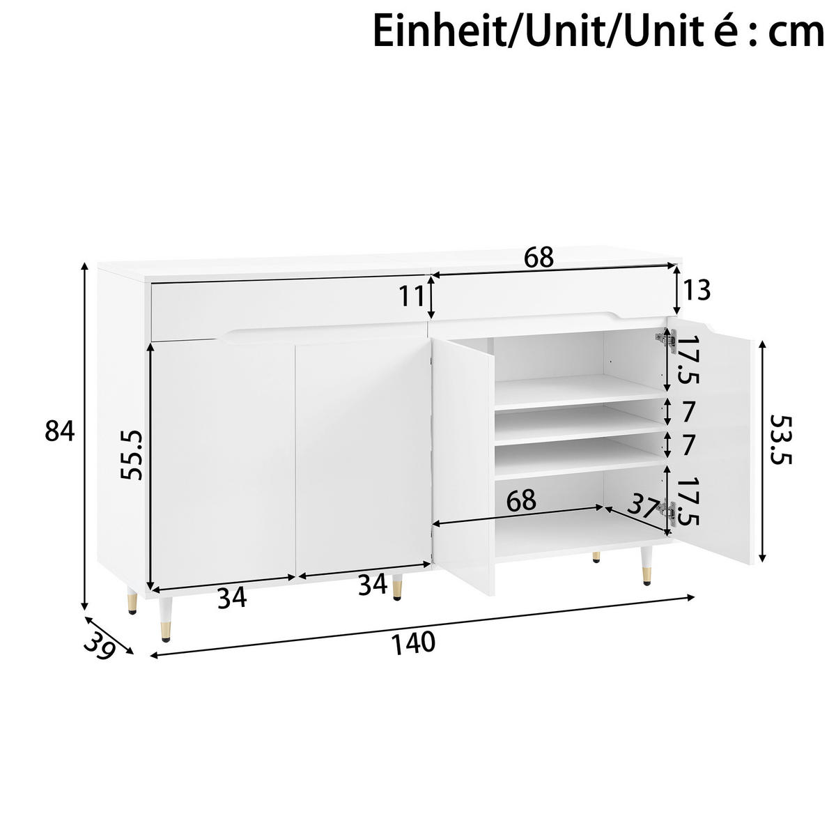 SCHUHSCHRANK 140/39/84 cm aus Spanplatte mit 2 Türen, 2 Schubladen und verstellbaren Einlegeböden, Weiß/Gold - Weiß, Holzwerkstoff (140/84/39cm) - Redom