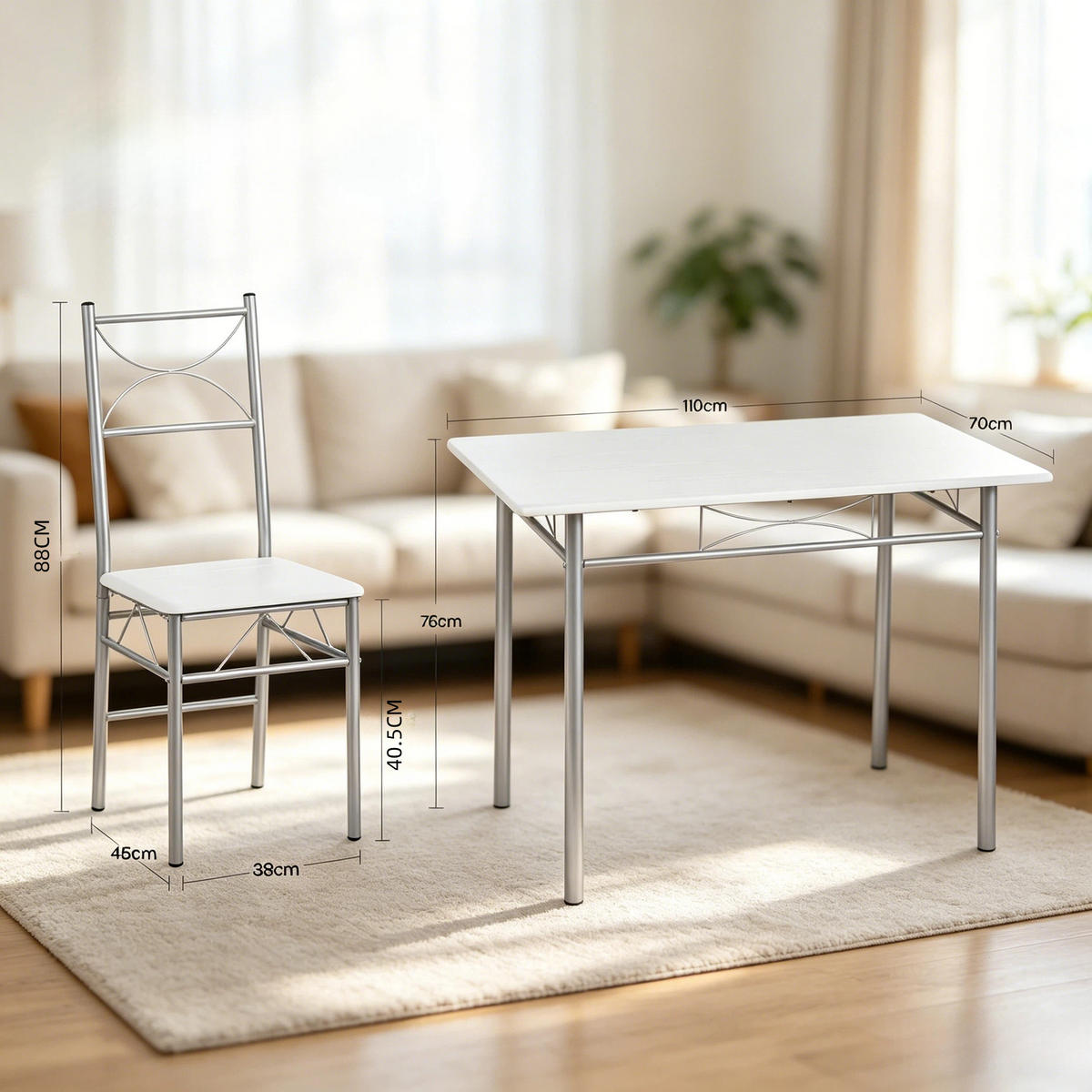 ESSGRUPPE DE-39312 110/70 cm Tisch mit 4 Stühlen Silber - Silberfarben, Metall (110/76/70cm) - ComfortXL